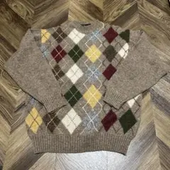 80s アイルランド製 アーガイル柄ニット L ヴィンテージ ウールセーター