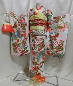 アンティーク七五三 着物セット 扇面 牡丹 菊 金彩 身長112cm〜122cm
