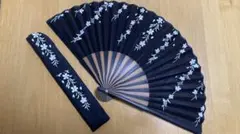 桜柄 扇子 扇子袋セット 黒地