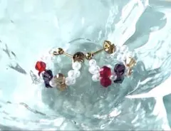 ハンドメイド　ガラスビーズ・パールフープピアス