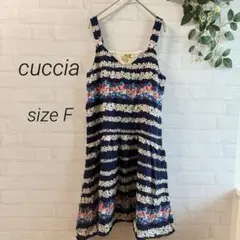 【cuccia】 花柄 ひざ丈 ノースリーブワンピース (F) 紺 ポケット付き