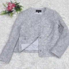 【05】美品INDIVI ノーカラージャケット モヘア 羊毛 小さいサイズ