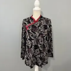 太極拳服、チャイニーズ、バラ模様 長袖シャツ 黒/赤