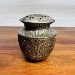 香炉【銘栄】刻印 高岡銅器 鍛栄造香炉 七草花図透かし彫り　線香　お香