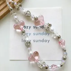 ハンドメイド໒꒱⋆ちゅるんハート ピンク シルバー リボン ビーズ ストラップ