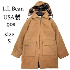 90s USA製 L.L.Bean ウールコート フード付 チェック裏地 S