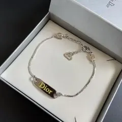 美品✨ディオール　ブレスレット　ロゴプレート シルバーチェーン　黄色　90s