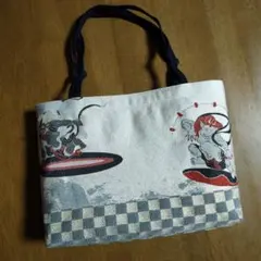 ハンドメイド　帯地リメイクプチトートバッグ　風神雷神さん