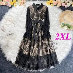【即日発送】大きいサイズ♡ブラックレースの透け感♡ワンピースドレス♡長袖♡2XL