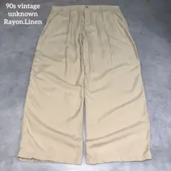 古着 90s Unknown リネン パンツ スラックス ワイド カーキ 軍パン