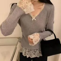 美品　GRLグレイル レース　ドッキング　Vネック リブ ニット トップス