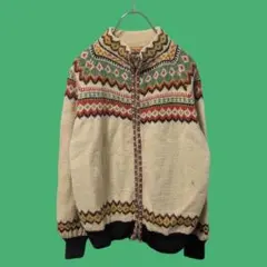 【超特価】ヴィンテージ　フェアアイル柄　ジッパーカーディガン　ニット　チロリアン