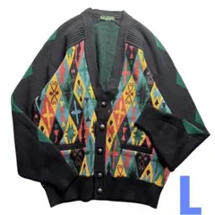 アラミスクラブ Vネック カーディガン 幾何学 90s ウール100% 黒