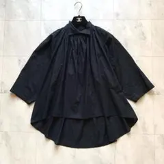 近年♡ミズイロインド スタンドカラーギャザーシャツ コットン ブラック ゆったり