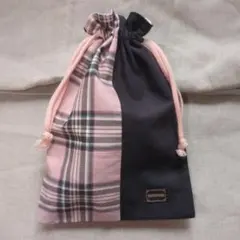 ハンドメイド 巾着袋 ピンクと黒のチェック柄