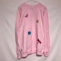 USA製 Hanes スウェット トレーナー 裏起毛 刺繍 花 蝶々 薄ピンク
