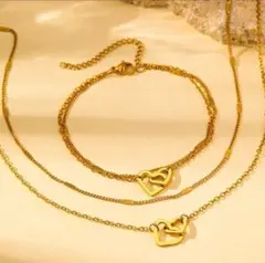【２セット】 サージカルステンレス ネックレスとブレスレット ゴールド ダブルハ