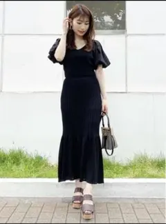 マーキュリーデュオ　リブニット　バルーン袖　ワンピース