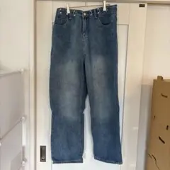 メタルデザイン デニムパンツ ブルー ワイドデニム ストレート 韓国系
