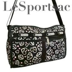 良品 LeSportsac ショルダーバッグ ハート・リーフ柄 ブラック 多機能