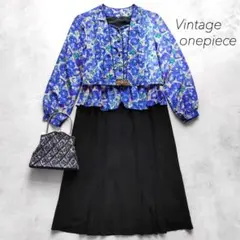 美品 vintage シャツワンピース ボリューム袖 古着 ブラック ブルー