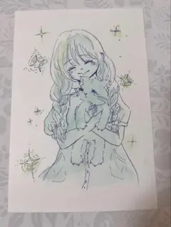 イラスト 手書き 水彩画 少女と猫 ポストカードサイズ