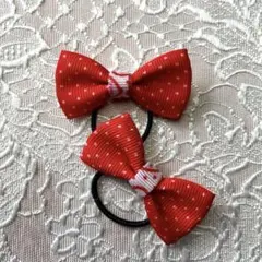 赤と白の水玉リボンヘアゴムセット
