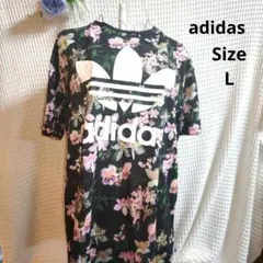 【かわいい☆adidas】黒　花柄　トレフォイルロゴ　Tシャツ サイズL