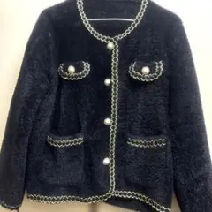 韓国風 ツイード風 ノーカラージャケット パールボタン 黒 ふわふわ 中国製