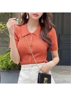 GRL グレイル　襟付きリブニットトップス　半袖　サマーニット