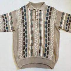 ヴィンテージ 3Dニット ポロシャツ 総柄 立体編み ベージュ レトロ 古着