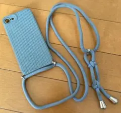 iPhone 7/8/SE くすみブルー　スマホケース ショルダーストラップ付