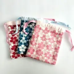 桜の花柄　巾着袋 3色セット　ハンドメイド