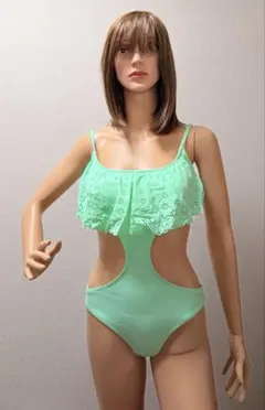 .ミントグリーン レースフリル ワンピース水着