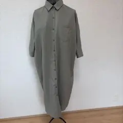 イング　半端丈　ロングシャツワンピース　カーキ系　Mサイズ　７部袖前後
