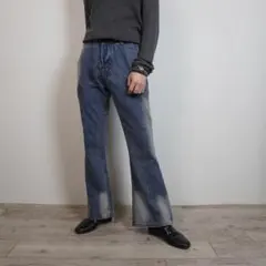 ウェーブ切り替えフレアデニムジーンズパンツ ウォッシュ加工 ブルー/RW357