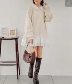 【Chico ビジュー襟フリルデザインミニワンピース　アイボリー