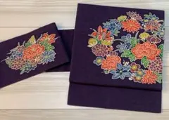 ume♡様専用 紅型染　名古屋帯 正絹　紬　中古　美品　紫　お花　tj038
