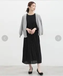 Honeys 8分袖プリーツワンピース　ブラック　ドット　Sサイズ