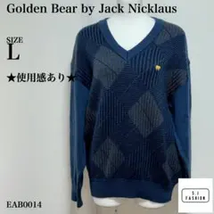 Golden Bear ダイヤモンド模様 ロゴ刺繍セーター Lサイズ ネイビーのサムネイル
