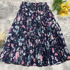 PAJARITO パハリート ボタニカル柄 プリーツスカート 花柄 L ネイビー