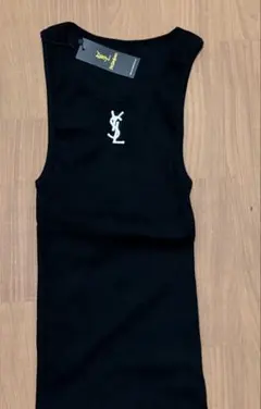 黒 リブタンクトップ ロゴ刺繍 ノースリーブ