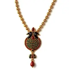 インド製伝統ジュエリーネックレス、ゴールド調のビーズチェーンと孔雀モチーフ豪華品