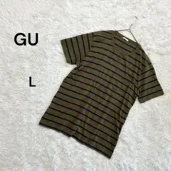 【GU】 L ボーダーTシャツ ユニセックス カーキ　胸ポケット カジュアル
