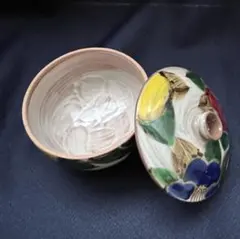 清水焼 嘉豊窯 蓋付湯呑茶碗 三色椿柄 1客