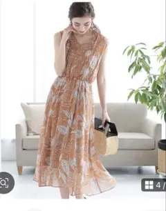 極美品　アナイ　クレープリーフプリントフレアワンピース　ノースリーブ　ロング 極美品 アナイ クレープリーフプリントフレアワンピース ノースリーブ
