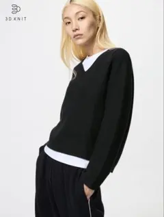 ユニクロ UNIQLO 3DコットンリラックスVネックセーター ブラック M