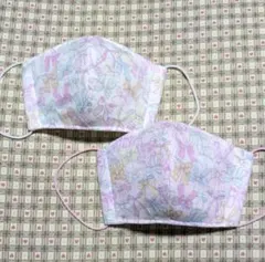 ハンドメイド、リボン柄の子供用立体マスク、白、ピンク、2点セット、小学生〜