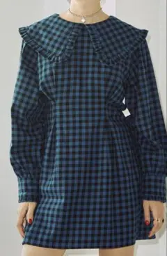 ブルーチェック　ミニワンピース　BIGカラーミニワンピース