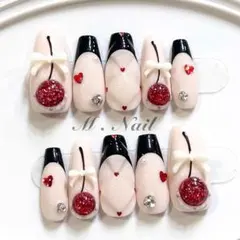 ネイルチップ　量産型　フレンチガーリー　推しネイル　韓国　リボン　フレンチネイル ネイルチップ フレンチガーリー リボン 赤 さくらんぼネイル 量産型